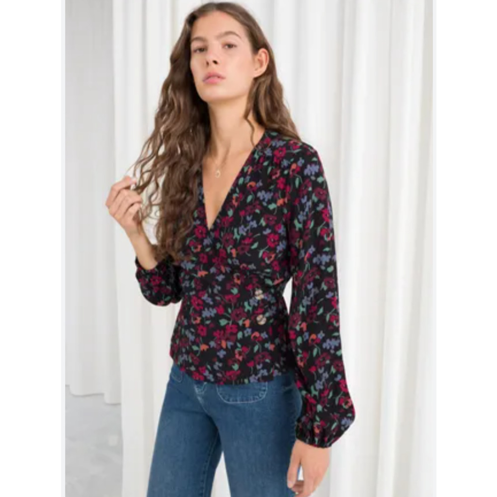 & Other Stories Black Floral Wrap Blouse with Red and Purple Accents